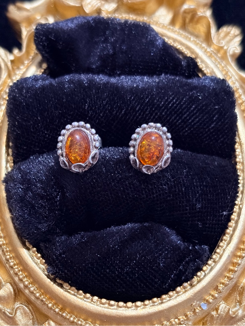 Amber Cabochon Silver Stud Earrings - Elegant Amber Gem